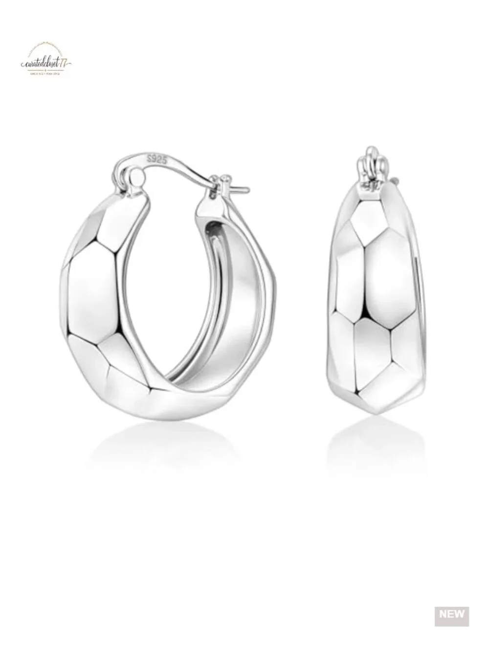 Chunky 925 Sterling Silver Hoop Earrings Diamond-Cut Hypoallergenic Lightweight